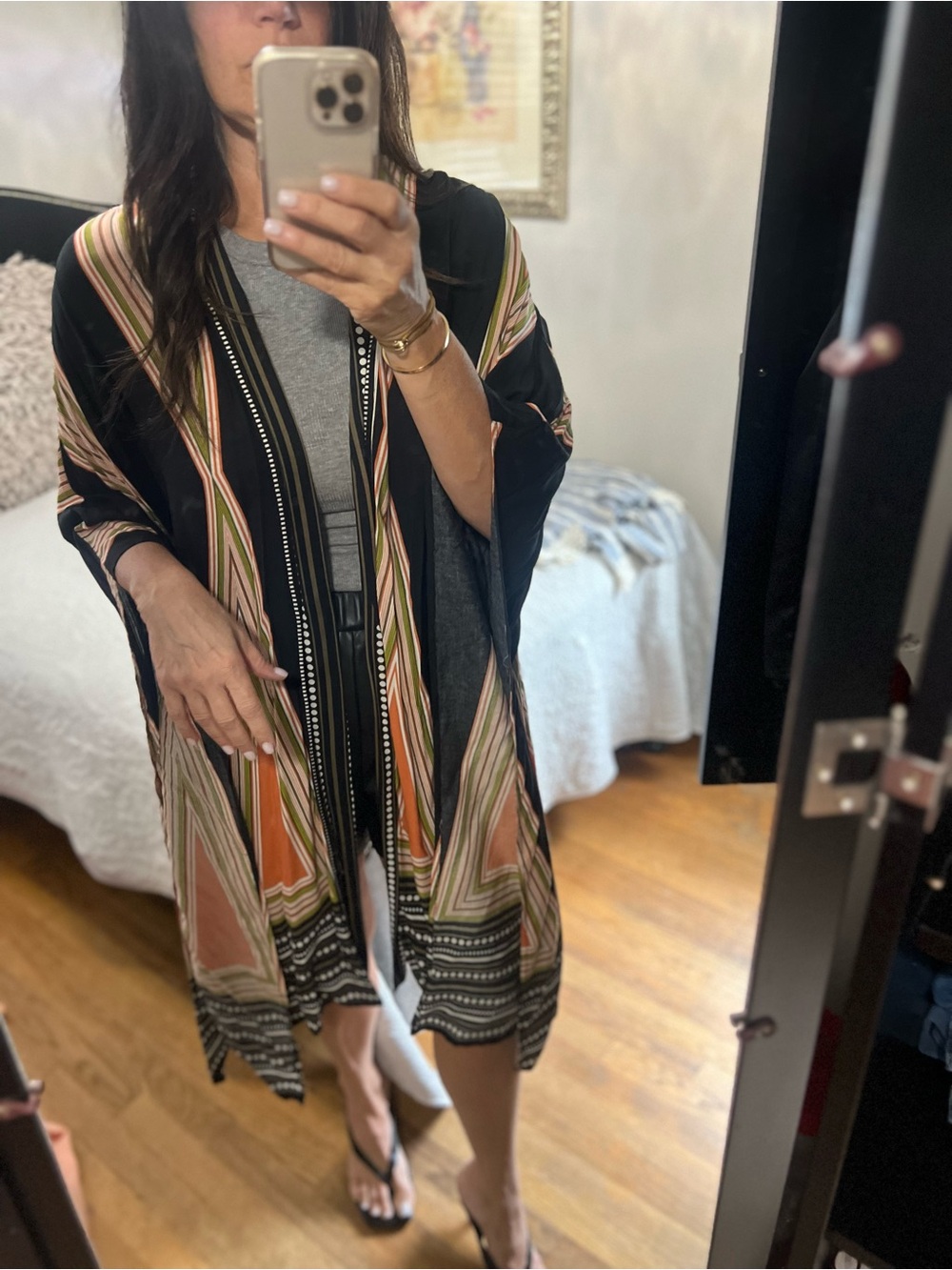 Boho Stripe Open-Front Women's Kimono Sweater - Black & Peach